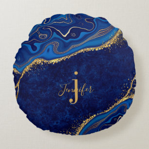 Gold and Blue Modern Elegant Custom Name Monogram Round Cushion