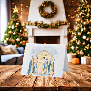 Gold and blue nativity holiday card
