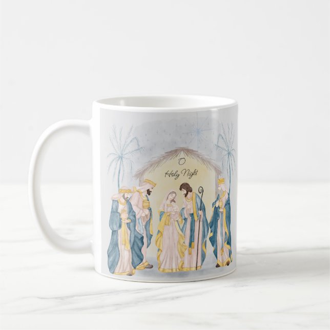 Gold and blue nativity holiday  coffee mug (Left)