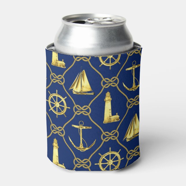 Gold and Blue Nautical Design Can Cooler (Can Front)