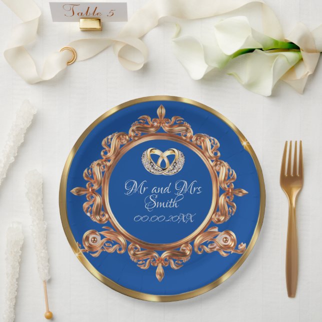 Gold and Blue Personalised Wedding Party  Paper Plate (Wedding)