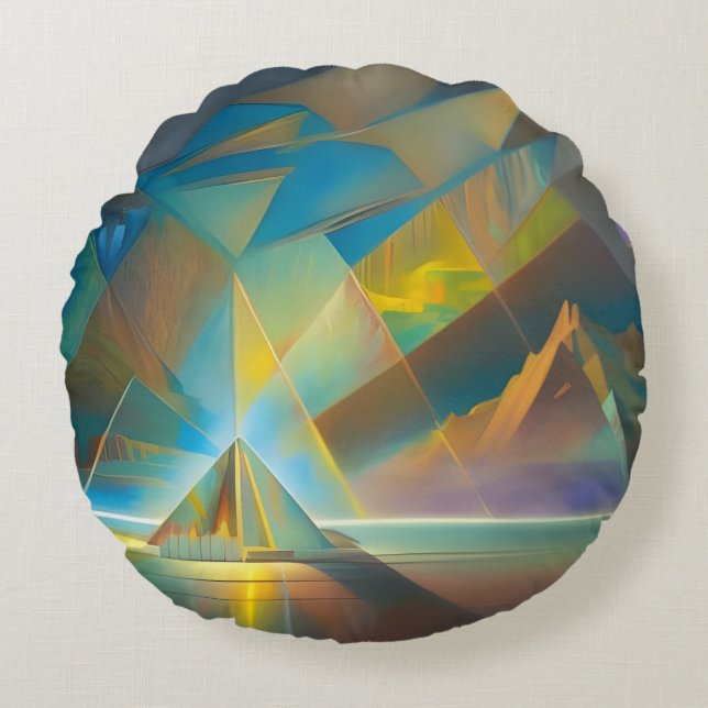 gold and blue pyramid abstract art round cushion (Front)
