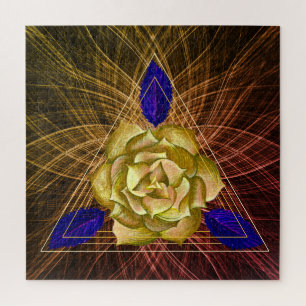 Gold and Blue Rose Flower Triangle Shape Floral Jigsaw Puzzle