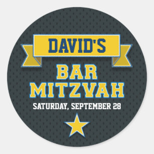 Gold and Blue Sports Tackle Twill Bar Mitzvah RSVP Classic Round Sticker