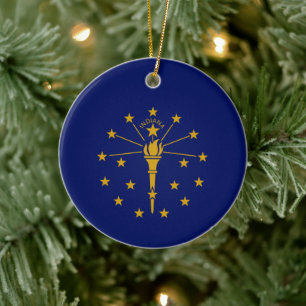 Gold and Blue Stars and Torch on Flag of Indiana Ceramic Tree Decoration