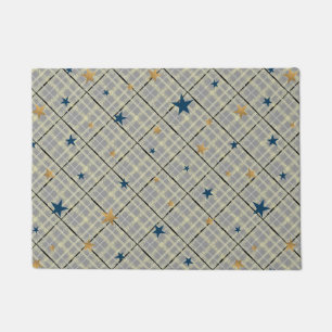 Gold and blue stars on a grey chequered background doormat