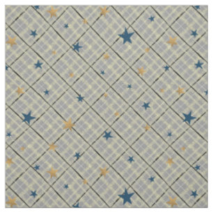 Gold and blue stars on a grey chequered background fabric