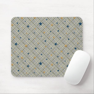 Gold and blue stars on a grey chequered background mouse mat
