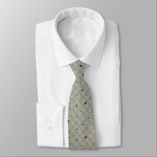 Gold and blue stars on a grey chequered background tie