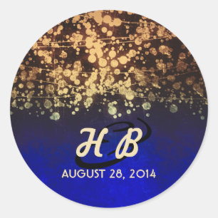 gold and blue string lights rustic wedding classic round sticker