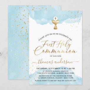 Gold And Blue Watercolor 1st Holy Communion Invitation