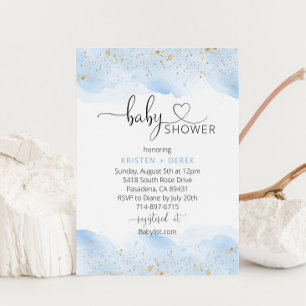 Gold and Blue Watercolor Baby Shower Invitation