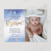 Gold and Blue Watercolor Baptism Photo Thank You