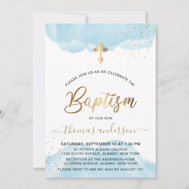 Gold And Blue Watercolor Boy Baptism Invitation (Front)