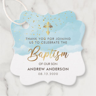 Gold And Blue Watercolor Boy Baptism Thank You Favour Tags