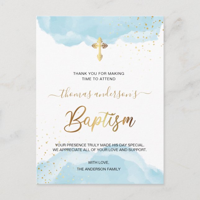 Gold And Blue Watercolor Boy Baptism Thank You Postcard (Front)