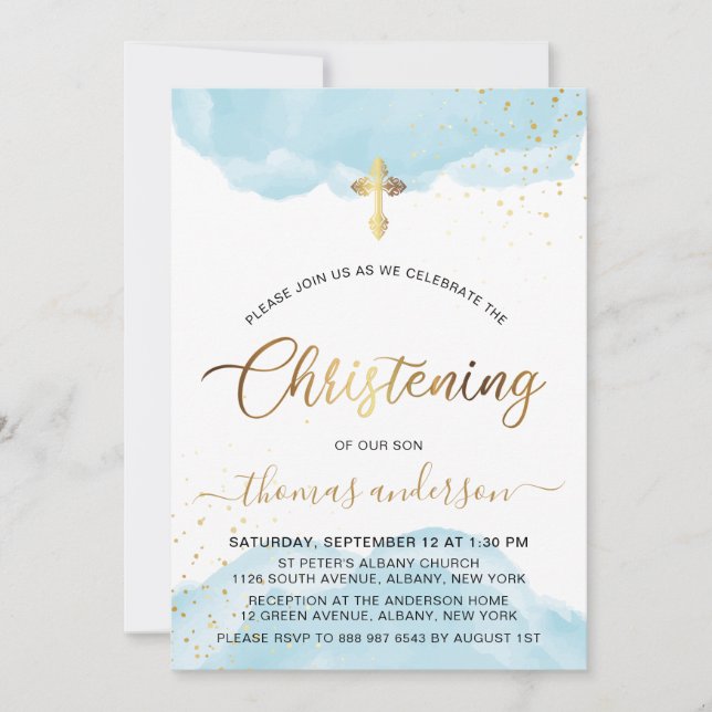 Gold And Blue Watercolor Boy Christening Invitation (Front)
