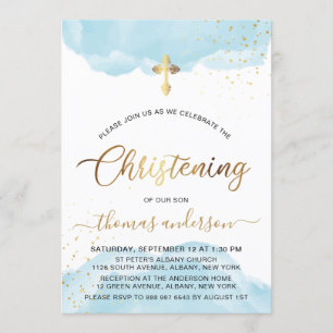 Gold And Blue Watercolor Boy Christening Invitation