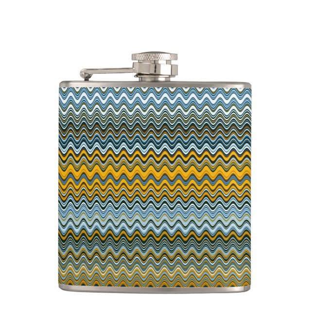 Gold and Blue Wavy Stripes Hip Flask (Front)