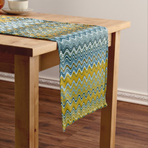 Gold and Blue Wavy Stripes Short Table Runner
