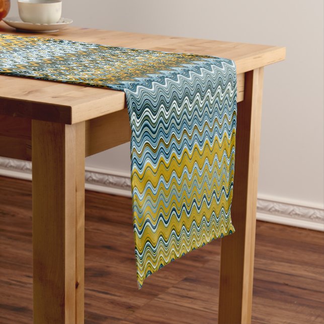 Gold and Blue Wavy Stripes Short Table Runner (In Situ)