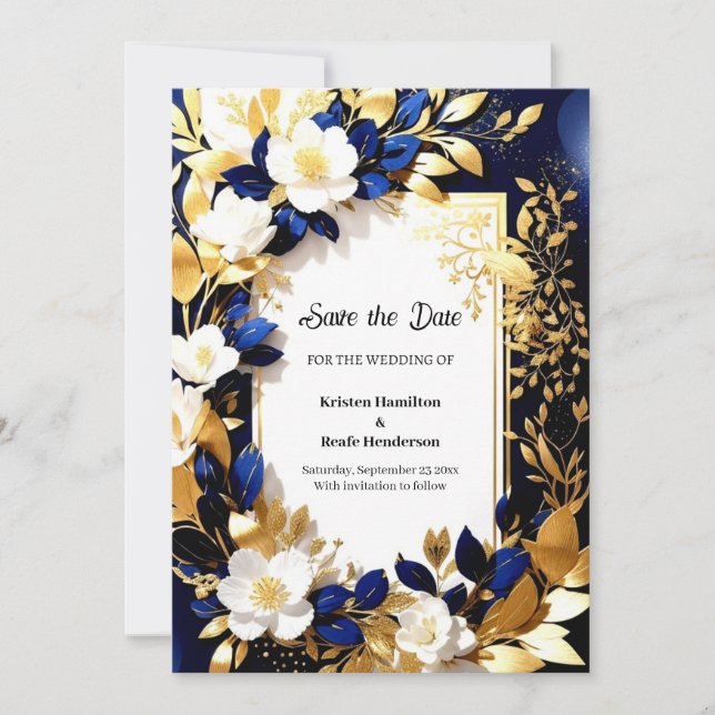 Gold and Blue Wedding Save The Date (Front)