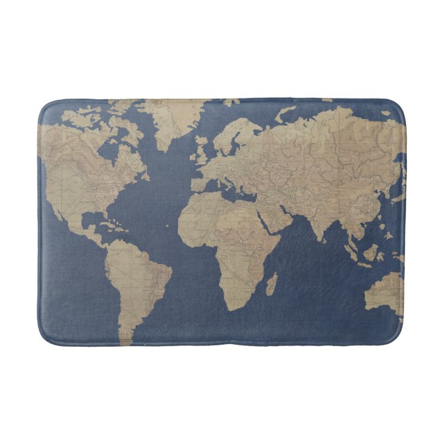 Gold and Blue World Map Bath Mat (Front)