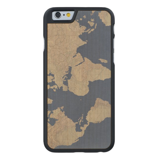 Gold and Blue World Map Carved Wood iPhone Case (Back)
