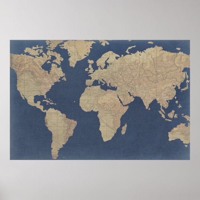 Gold and Blue World Map Poster (Front)