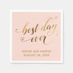 Gold and Blush Best Day Ever, Hearts Script Napkin