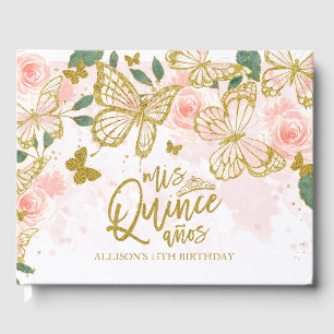 Gold And Blush Pink Butterfly Floral Quinceanera Guest Book