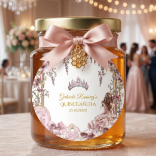 Gold and Blush Pink Tiara Floral Quinceañera Classic Round Sticker