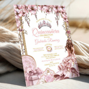 Gold and Blush Pink Tiara Floral Quinceañera Invitation