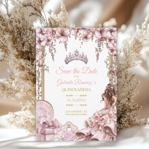 Gold and Blush Pink Tiara Floral Quinceañera Save The Date