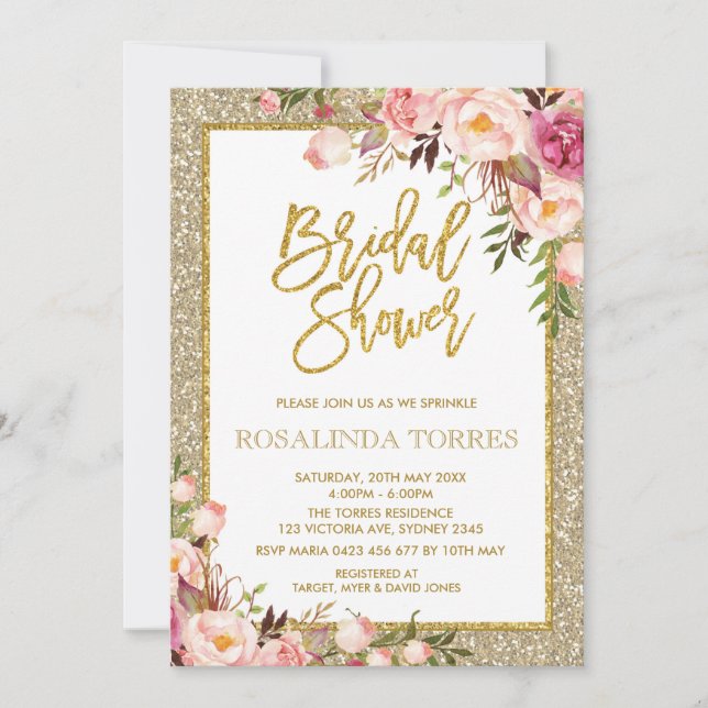 Gold and Blush Roses Bridal Wedding Shower Invite (Front)