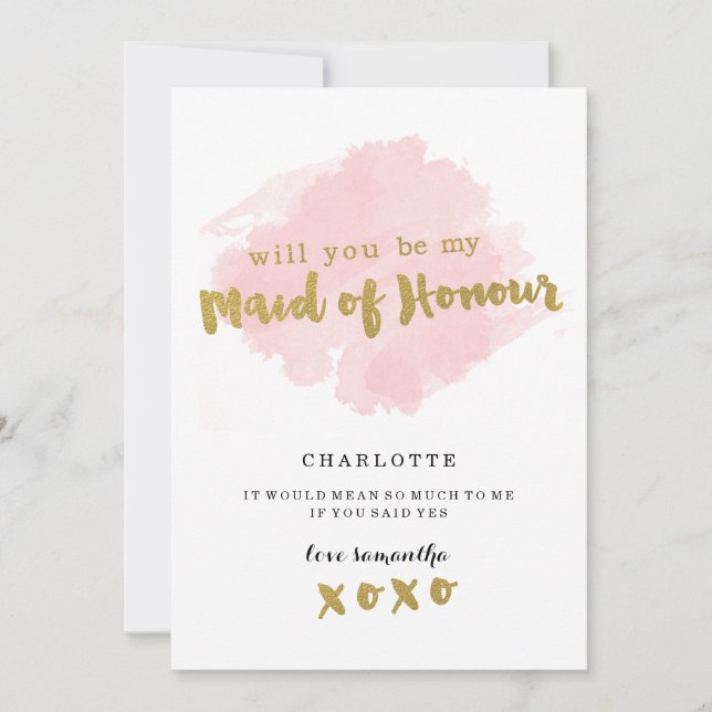 Gold and Blush Will You Be My Maid of Honour? Invitation (Front)