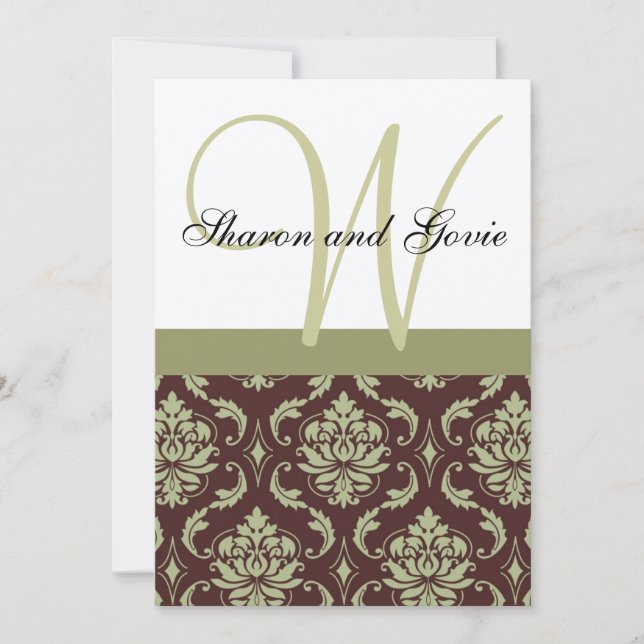 Gold and Brown Damask Monogram Wedding Invitation (Front)