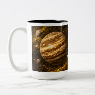 Gold and Brown Planet with Three Moons Two-Tone Coffee Mug