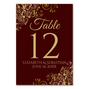 Gold and Burgundy Brown Elegant Wedding Table Number