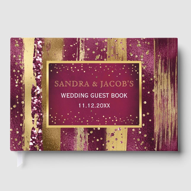 Gold and burgundy brush strokes, confetti wedding guest book (Front)