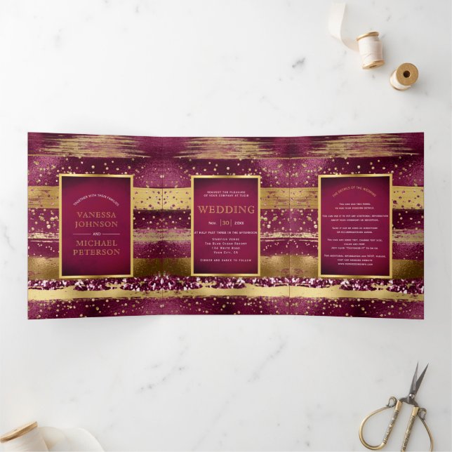 Gold and burgundy brush strokes wedding  Tri-Fold invitation (Inside)