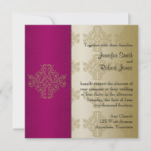 Gold and Burgundy Damask Posh Wedding Invitation