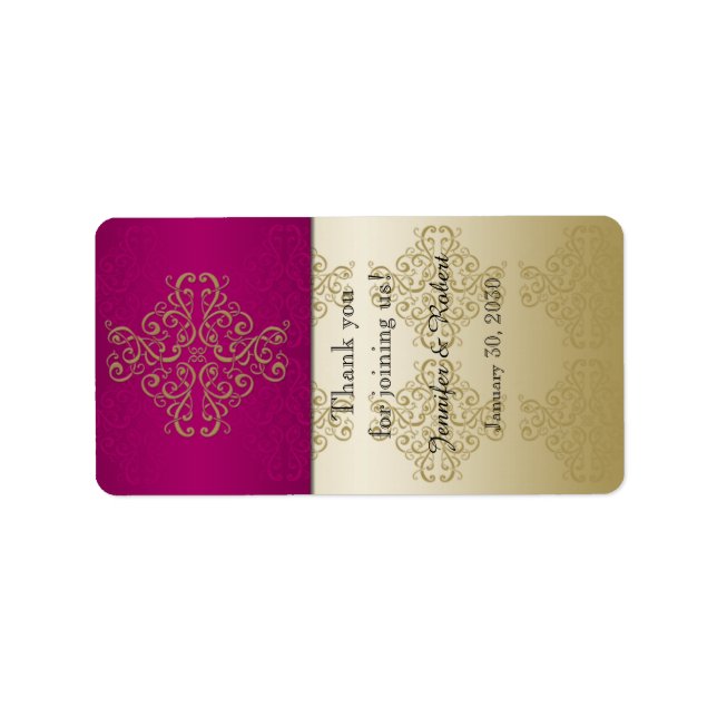 Gold and Burgundy Damask Wedding Lip Balm Label (Front)
