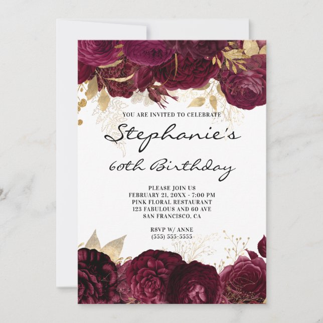 Gold and Burgundy Floral Borders 60th Birthday Invitation (Front)