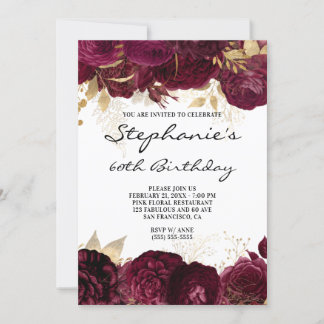 Gold and Burgundy Floral Borders 60th Birthday Invitation