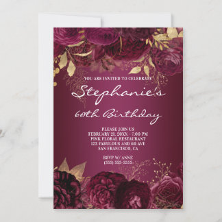 Gold and Burgundy Floral Ombre 60th Birthday Invitation