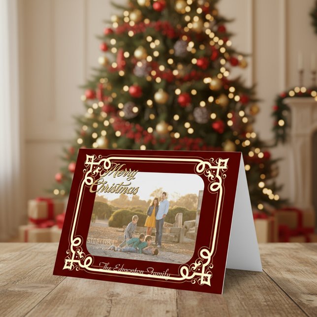 Gold and Burgundy Framed Photo Christmas Foil Holiday Card (Creator Uploaded)