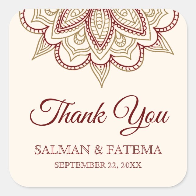 Gold and Burgundy Henna Mehndi Wedding Thank You Square Sticker (Front)