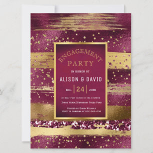 Gold and burgundy paint strokes engagement party invitation