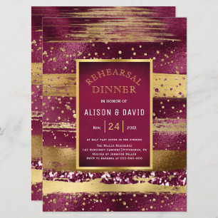 Gold and burgundy paint strokes rehearsal dinner invitation